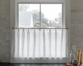 Top Pinch Pleat Cafe Curtains in Soft White | Small Hem Kitchen Cafe Curtains | Custom Linen Blend Cafe Curtain | Pleated Cafe Curtains