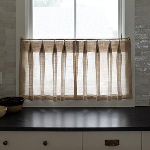 Unlined Top Pinch Pleat Cafe Curtains in Brown | Custom Cafe Curtains | Linen Cafe Curtain for Kitchen | Pinch Pleated Farmhouse Curtains