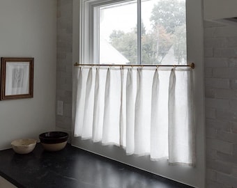 Textured White Cafe Curtains | Pinch Pleat Kitchen Window Panel, Relaxed Hem
