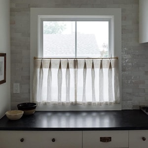 Unlined Top Pinch Pleat Cafe Curtains & Drapes in Ticking Stripe Linen | Pleated Cafe Curtains | Striped Cafe Curtains | Farmhouse Curtains