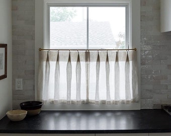 Unlined Top Pinch Pleat Cafe Curtains & Drapes in Ticking Stripe Linen | Pleated Cafe Curtains | Striped Cafe Curtains | Farmhouse Curtains
