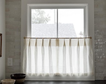 Solid White Linen Cafe Curtains | Top Pinch Pleat, Unlined Kitchen Drapes