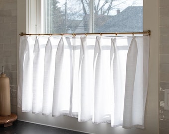 White Voile Cafe Curtains, Pinch Pleat Sheer Window Panel, Relaxed Hem, Custom Size