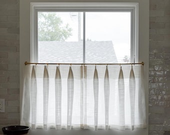 Unlined Soft White Top Pinch Pleat Cafe Curtains | Pleated Cafe Curtain | White Linen Blend Cafe Curtains for Kitchen | Custom Cafe Curtain