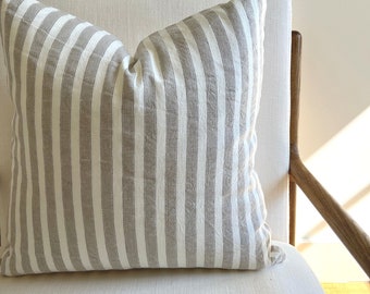 Schumacher Linen Stripe Pillow Cover | Taupe & Seafoam Designer Throw Pillow