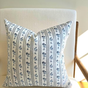 Blue Floral Stripe Designer Pillow | Schumacher Pillows | Schumacher Pillow Cover | Designer Throw Pillows, Schumacher Fabric Cabanon Stripe