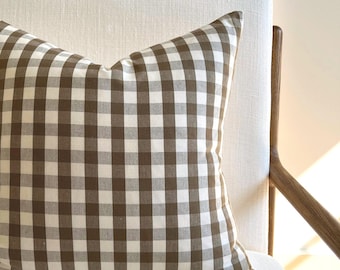 Schumacher Elton Check Pillow Cover | Brown Cotton Linen Farmhouse Decor