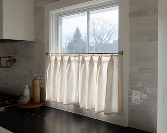 Top Pleat Cafe Curtains - Warm White Textured Cotton Linen Blend, Relaxed Hem