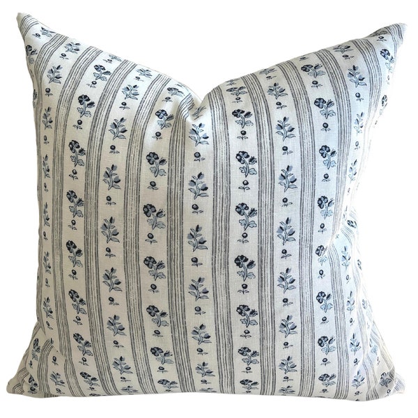 Floral Stripe Designer Pillow | Throw Pillows | Schumacher Cabanon Stripe in Blue | 18x18, 20x20, 22x22 and 14x20