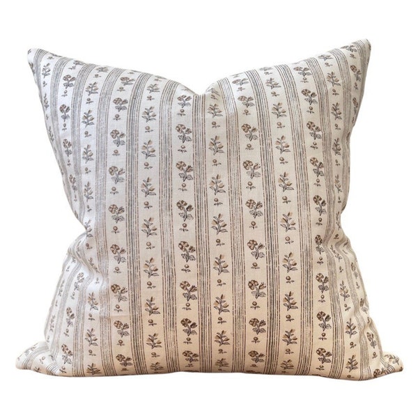 Floral Stripe Designer Pillow in Fawn | Throw Pillows | Decorative Pillow Cover | Schumacher  | 18x18, 20x20, 22x22 and 14x20