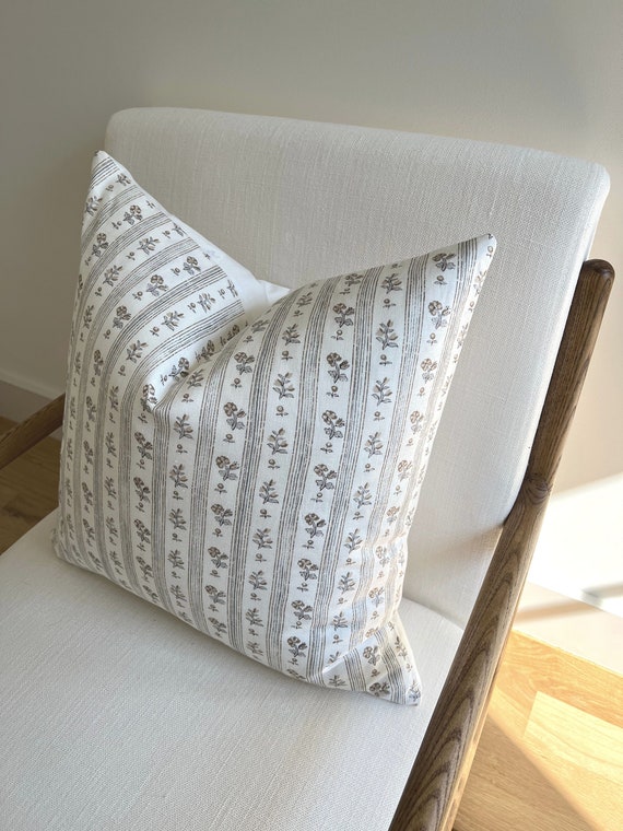 Fawn Floral Stripe Designer Pillow | Schumacher Pillows | Schumacher Pillow Cover | Designer Throw Pillows, Schumacher Fabric Cabanon Stripe