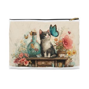 Charming Cat Accessory Pouch | Cute Makeup Bag, Pet Lover Gift, Butterfly Design, Floral Storage, Travel Organizer