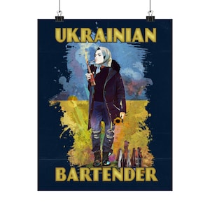 Ukrainischer Barkeeper - (Unterstütz die Ukraine als Kunstdruck, vertikale Dekoration, Wandkunst für Friedensaktivisten, Menschenrechtler)