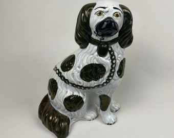 Antique Vintage Staffordshire King Charles Spaniel Ceramic Dog Blue Black Pottery Green Wally Mantle Piece Fire Place Dogs Victorian Lustre