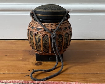 Round Antique Oriental Asian Rice Seed Container Box Lid Woven Wicker Basket Wood Bamboo Floral Pattern Hand Painted Handmade Thai Black