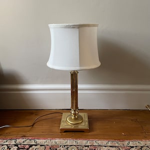 Large Antique Metal Brass Gold Table Lamp Column Bedside Side Vintage with Structured Ivory Fabric Shade Square Base