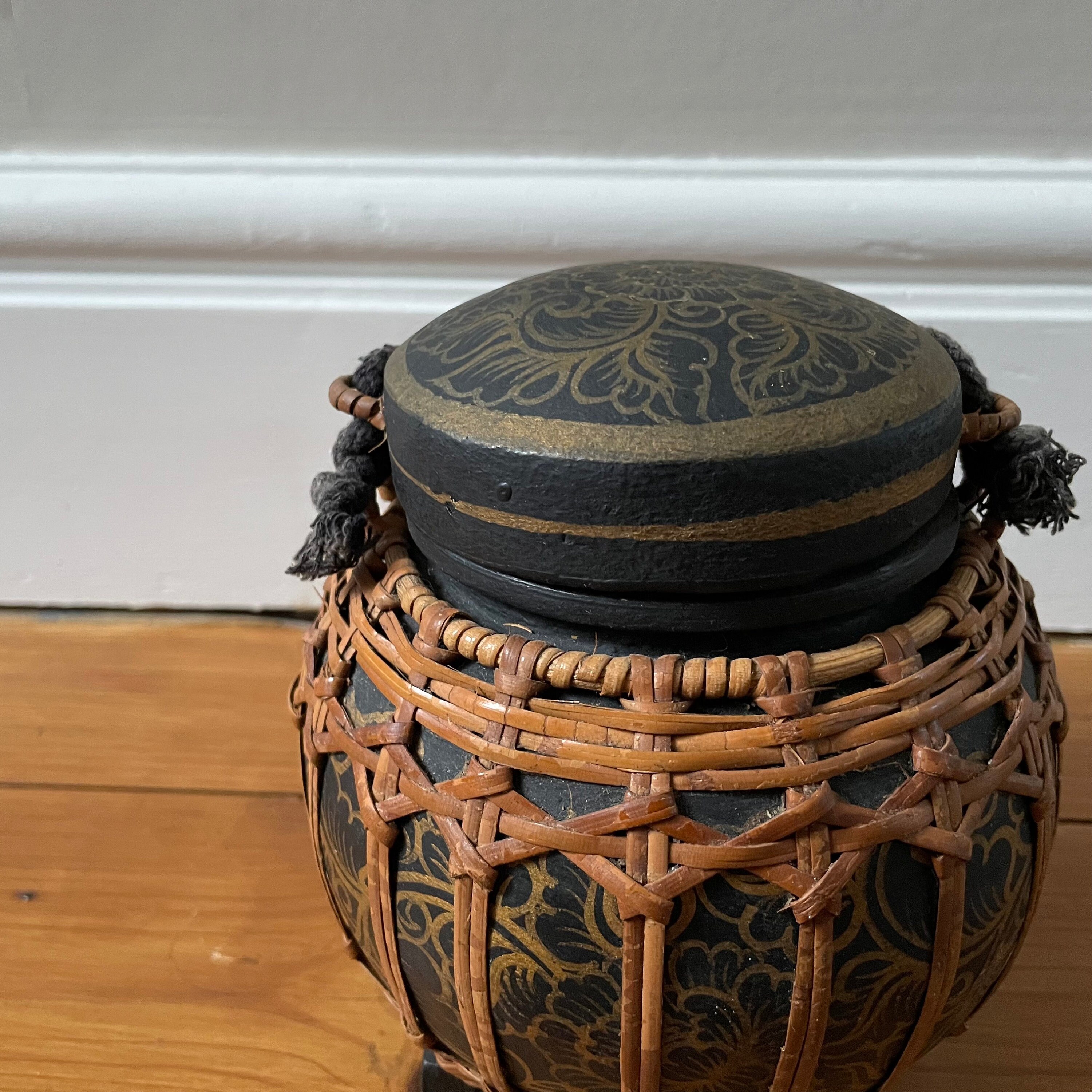 Round Antique Oriental Asian Rice Seed Container Box Lid Woven Wicker ...