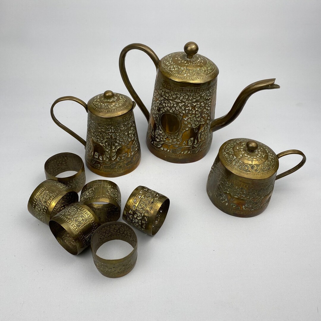 Antique Handmade Indian Hammered Metal Tea Pot Set Gold Etsy