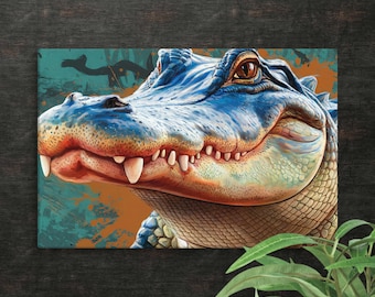 Impresión en lienzo con retrato de caimán vívido: impresionante arte mural de vida silvestre de Luisiana para la decoración de la habitación o la oficina; resistente a la decoloración y estirado a mano