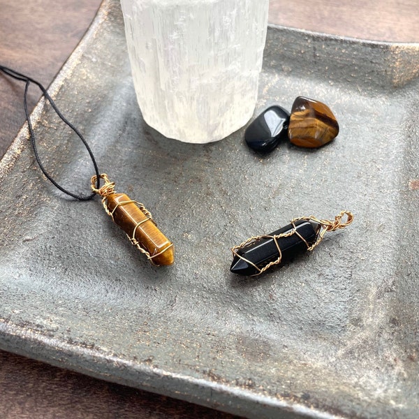 Crystal necklace|Tigers eye | Obsidian | pendant necklace | Crystal necklace | Handmade jewelry | wire wrapped crystal | Pick your own chain