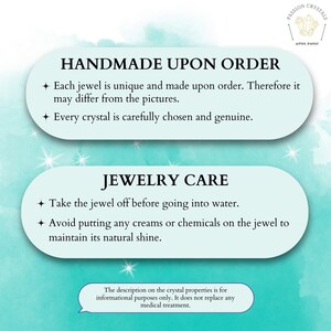 Pode incluir: Um fundo turquesa com texto branco que descreve o processo de fabrica&ccedil;&atilde;o de joias. O texto diz "Handmade Upon Order" e "Cada joia &eacute; &uacute;nica e feita por encomenda. Portanto, pode diferir das imagens. Cada cristal &eacute; cuidadosamente escolhido e genu&iacute;no." O texto tamb&eacute;m diz "Jewelry Care" e "Tire a joia antes de entrar na &aacute;gua. Evite colocar cremes ou produtos qu&iacute;micos na joia para manter seu brilho natural." O texto na parte inferior diz "A descri&ccedil;&atilde;o das propriedades do cristal &eacute; apenas para fins informativos. N&atilde;o substitui nenhum tratamento m&eacute;dico."
