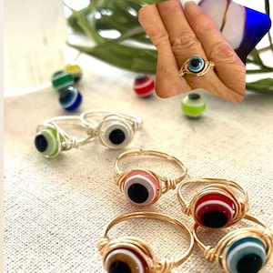 Evil eye rings | Silver or Gold ring | Handmade jewelry | Dark blue Evil eye | Protection ring | Crystal rings | Evil eye jewelry imagem 11