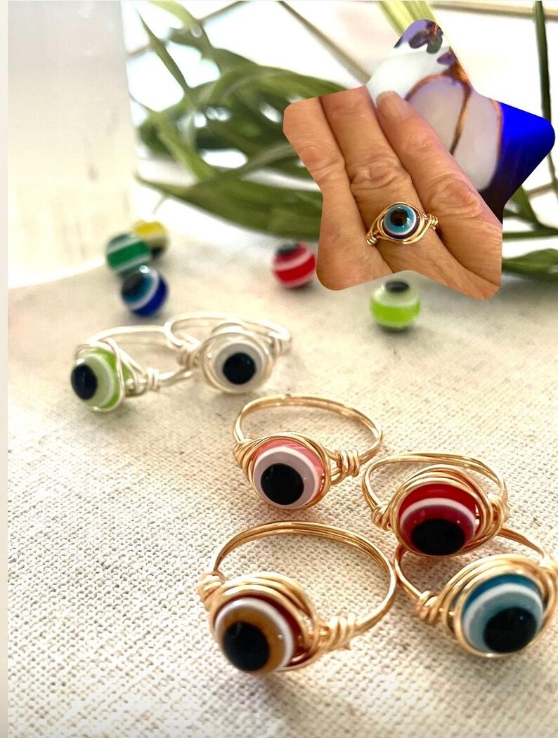 Evil eye rings | Silver or Gold ring | Handmade jewelry | Dark blue Evil eye | Protection ring | Crystal rings | Evil eye jewelry imagem 11