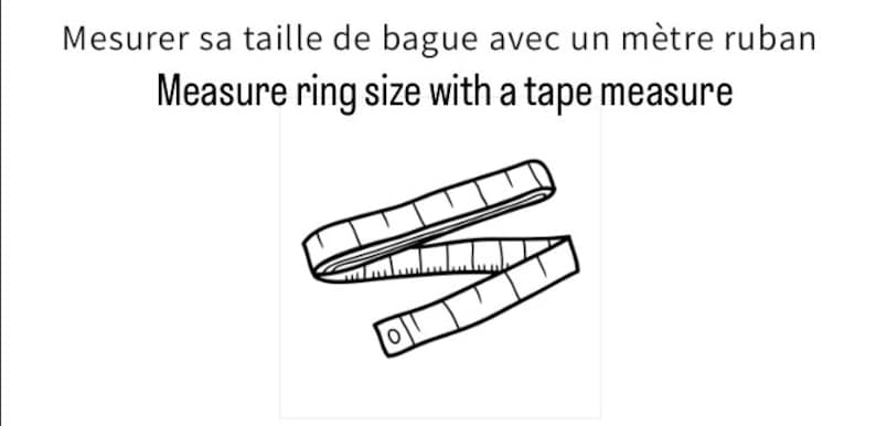 Pode incluir: Uma ilustra&ccedil;&atilde;o em preto e branco de uma fita m&eacute;trica, com o texto "Measure ring size with a tape measure" acima.