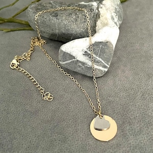 Gold Heart necklace | Two tone tiny heart necklace | Gold disc with silver heart necklace | Adjustable pendant necklace | Minimalist