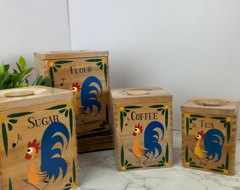 Set of 4 Vintage Wooden Nesting Kitchen Canisters Hand Painted Singing Rooster Chicken Farmhouse Cottagecore Decor