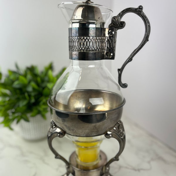 Vintage Corning Brand Glass and Silver-plated Coffee Carafe with Warmer Stand