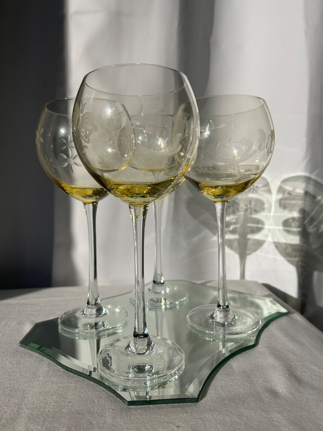 Vintage Etched Yellow Wine Glasses Set of 4 Etsy