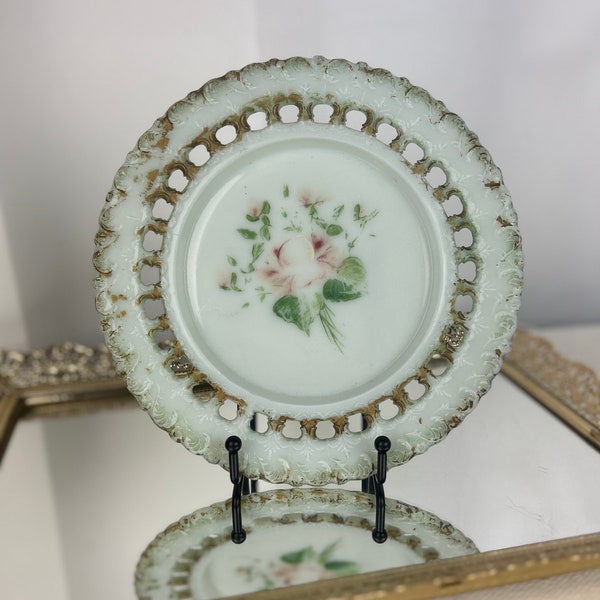 Antique Milk Glass Dessert Plate with Lace/Lattice Edging - Vintage Collectible Platter - Handpainted Victorian Era Home Decor