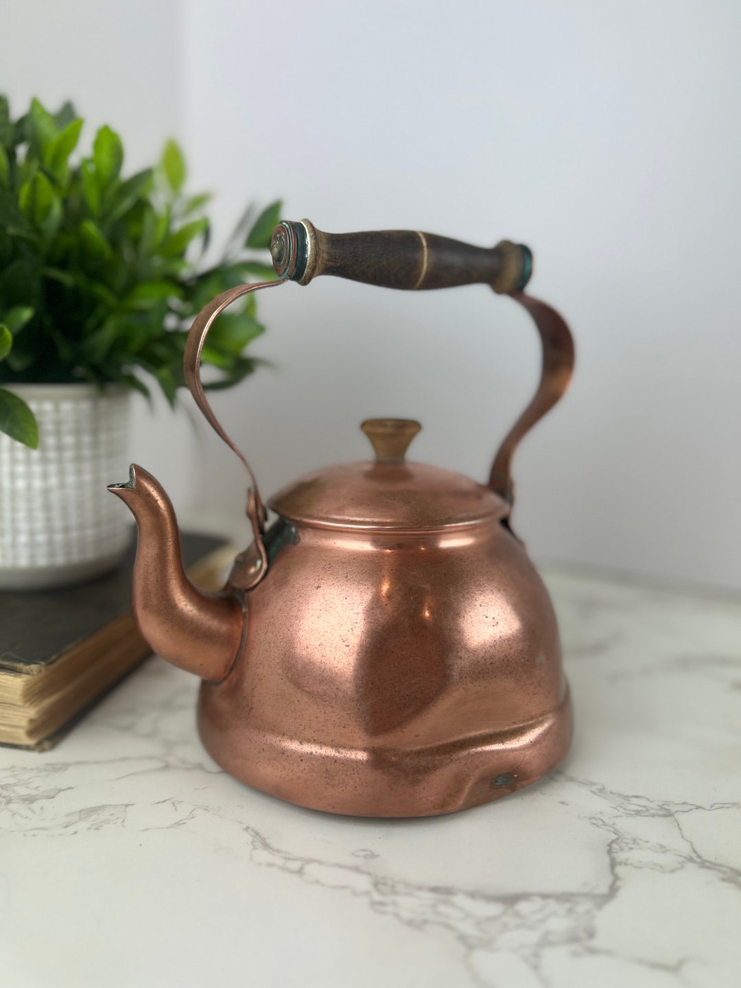 Small Vintage Bright Copper Kettle/teapot With Wooden Handle Rustic