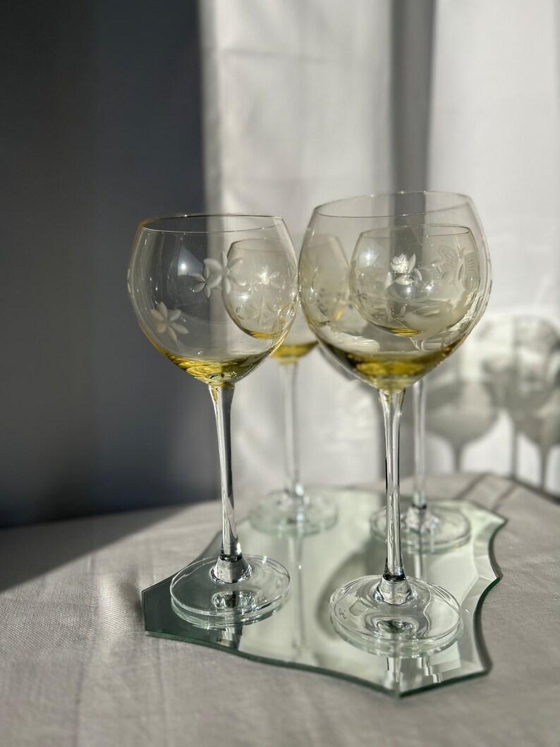 Vintage Etched Yellow Wine Glasses Set of 4 Etsy