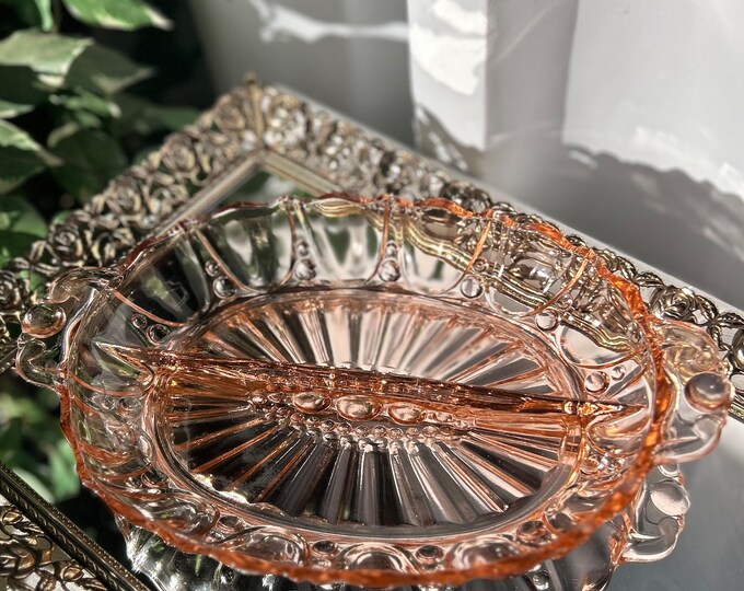 Beautiful Vintage Pink Depression Glass Relish Dish Oysters and Pearl