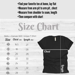 Puede incluir: Tabla de tallas para la camiseta unisex Bella + Canvas 3001. La tabla muestra las medidas de pecho y largo en pulgadas para las tallas XS a 3XL.