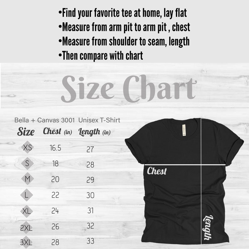 Puede incluir: Tabla de tallas para la camiseta unisex Bella + Canvas 3001. La tabla muestra las medidas de pecho y largo en pulgadas para las tallas XS a 3XL.