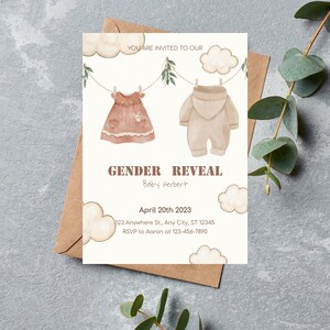 Revelador de género editable Tarjetas de invitación DIY, fácil de ajustar y editar, diseños listos para templett, niño o niña, género del bebé revelan moderno neutro