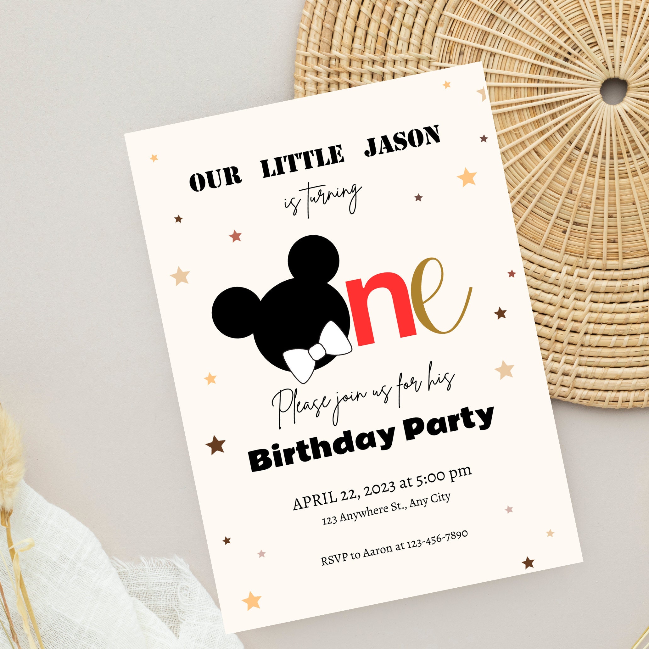 Mickey 1st Birthday Electronic Invitation Template, Minimal Digital