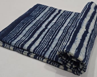 Indigo Blue Shibori Stripe Cotton Fabric | Hand Dyed Tie Dye Natural Print Fabric | Soft Cotton Material for Dressmaking, Quilting & Crafts