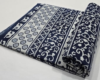 Indigo Blue Fabric, Hand Block Print, 100% Pure Organic Cotton, Indian Fabric by the Yard, Natural Dyed cloth for Sewing Craft, Boho Decor