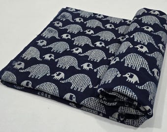 Indigo Blue Elephant Print Cotton Fabric | by the Yard | Hand Block Print | Indian Sanganeri Print for Women Dresses, Home decor, Baby Quilt