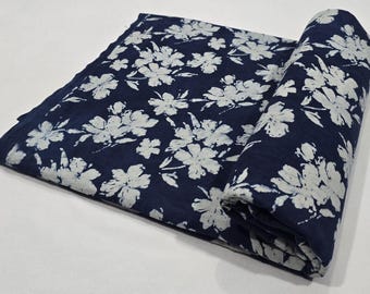 Indigo Blue Hand Block Print, Indian Cotton Fabric by Yard, Floral Natural Dye Soft Voile Fabric, Pure cotton, Dressmaking, Quilt, Crafting