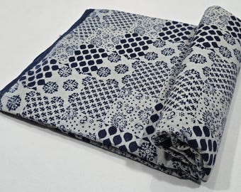 Patchwork Indigo Hand Block Print Fabric, Eco friendly Natural Print, Indian Cotton Fabric by the Yard, Blue Block Print for Curtains, Craft