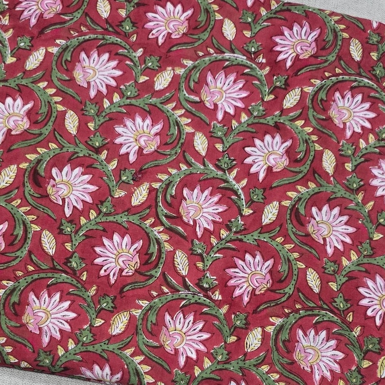 Repeat Jaal Pattern Hand Block Print Cotton Fabric - Red & Pink Floral Lotus Print - Indian ...
