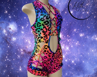 Rainbow Animal Print RacerBack Slit Weave Woven Exotic Dancewear Bodysuit Bartender Stripper Rave Festival Glow Party Blacklight Outfit Gift