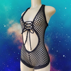 Black Fishnet Racerback Shorts Bodysuits Exotic Dancewear Stripper Clothing Rave Festival Outfit Twerk Fetish Gothic Gear Sheer Gift for Her