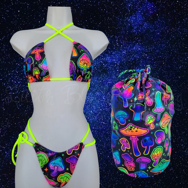 Psychedelic Trippy Black Light Glow in the Dark Neon Mushroom Drawstring Money Bag, Exotic Dancer Strippers Ravers Festival Bikini Outfits