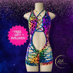 Rainbow Animal Print Racer Back Bodysuit Exotic Dancewear Stripper Wear Music Rave Festival Woven cutout Clothing Neon Glow Party Outfits